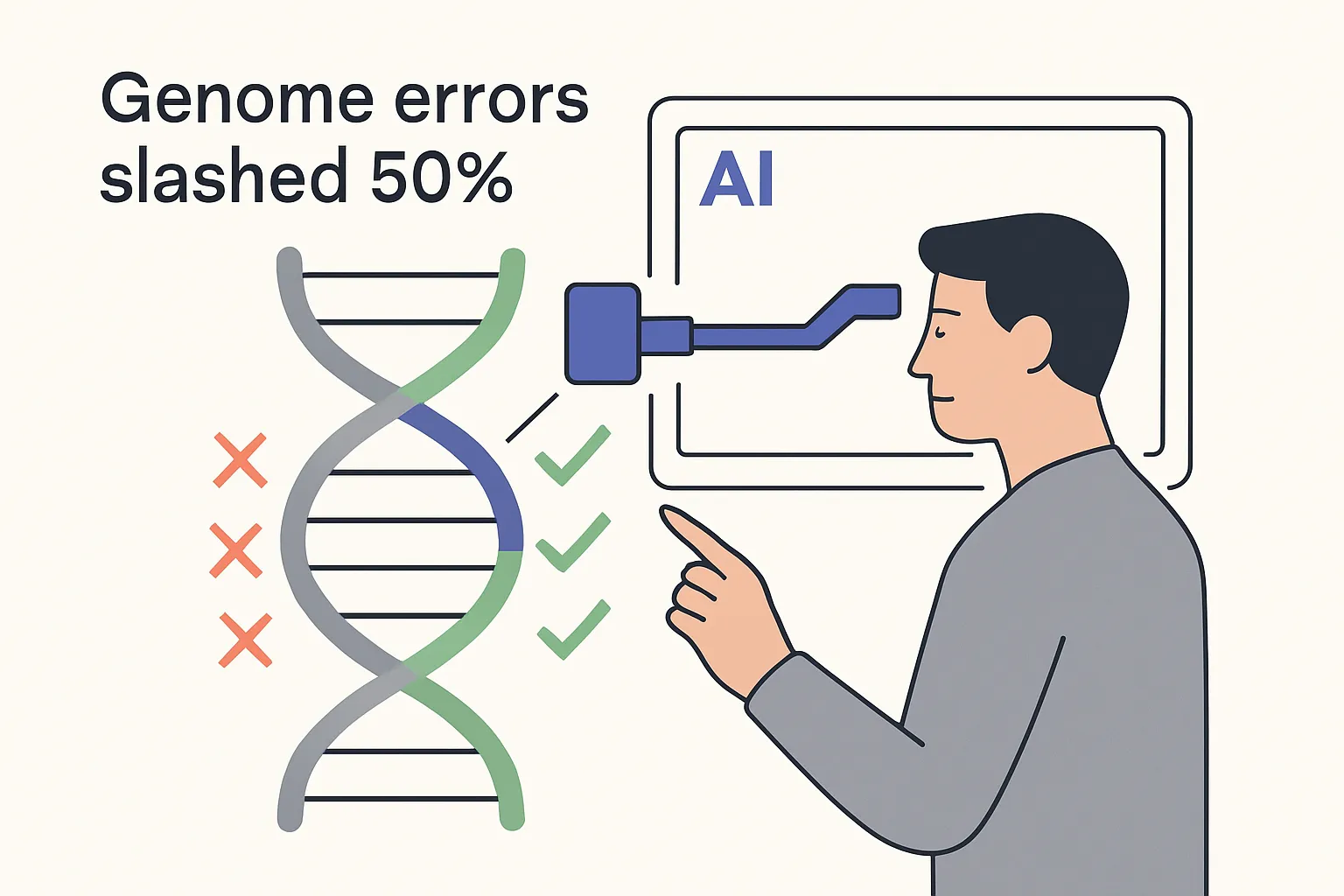 Minimalist tech scene with AI cleaning DNA helix and error marks fading to green checks