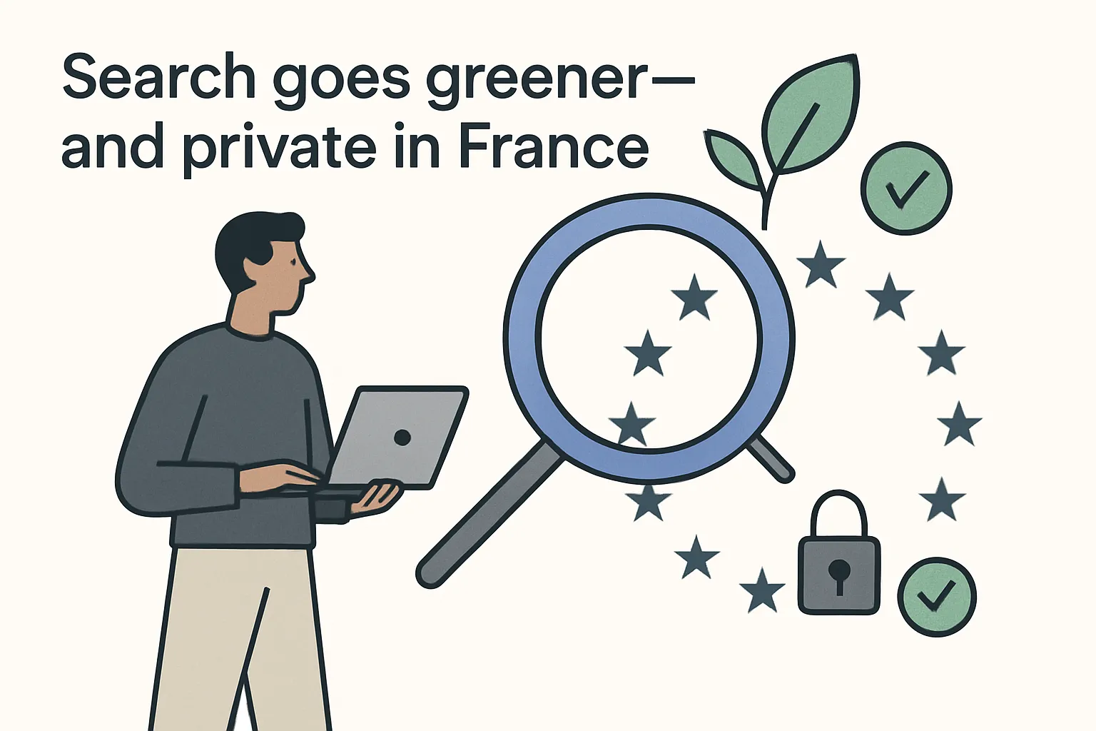 Eco friendly privacy first European search index for France with minimalist tech illustration