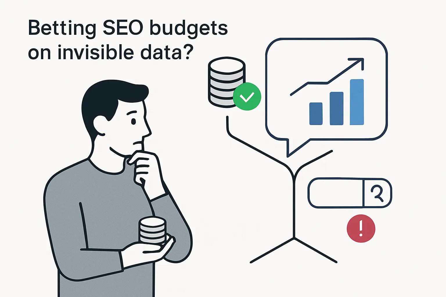 Minimalist tech illustration of a marketer weighing SEO budget coins against uncertain AI click math with a human avatar holding a coin stack and a central speech bubble fused with a bar chart arrow