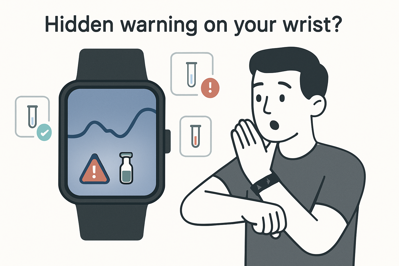 Minimalist smartwatch face merging health graph lines and tiny lab vial icon indicating hidden insulin risk with user reacting to alert