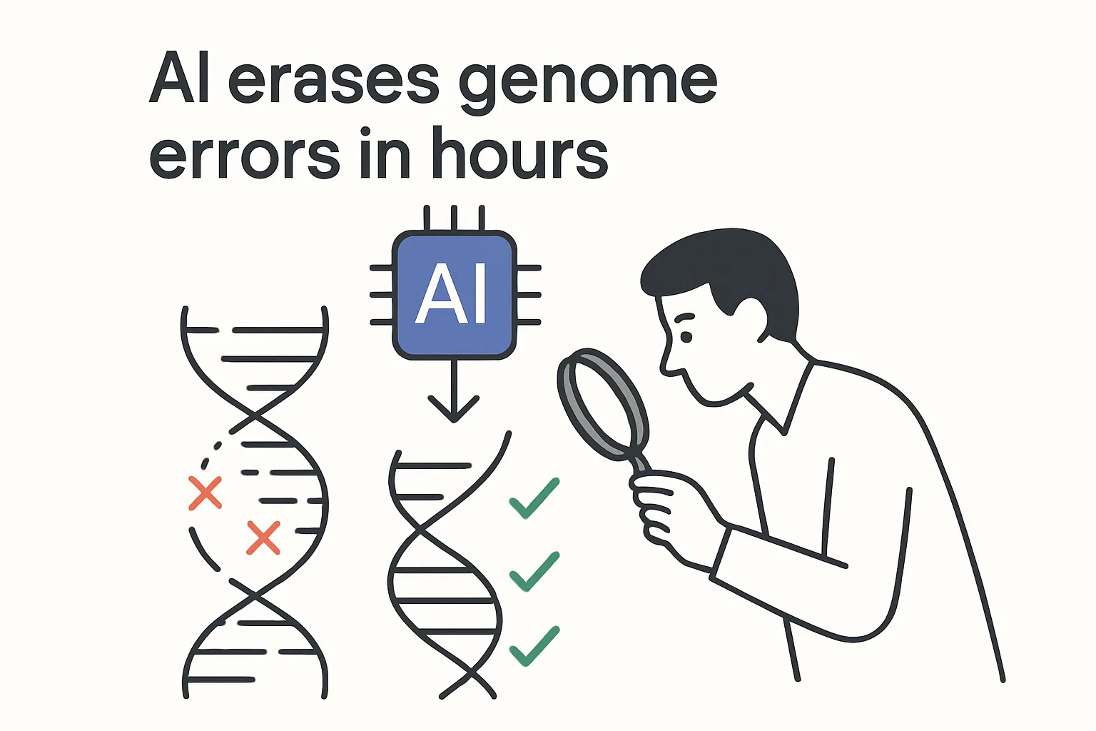 Minimalist tech illustration of an AI chip polishing a DNA helix with a researcher observing and check marks on the clean side