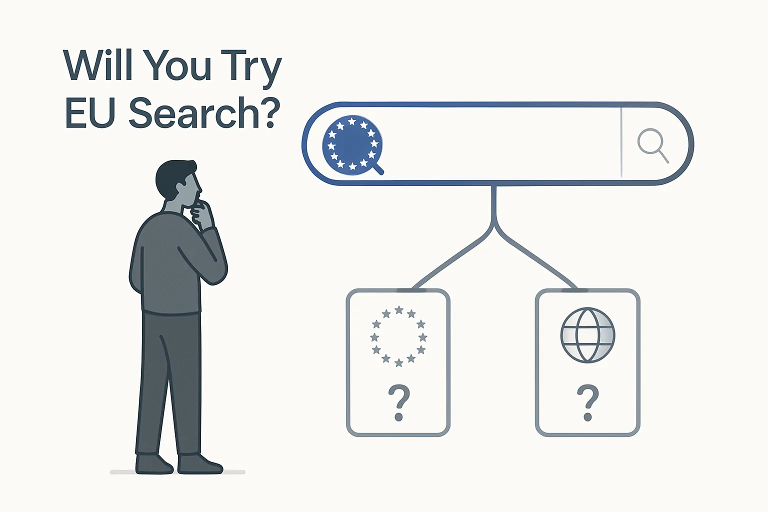 Minimalist tech scene showing a user considering a new EU branded search bar with branching paths symbolizing choice between European index and dominant search engine