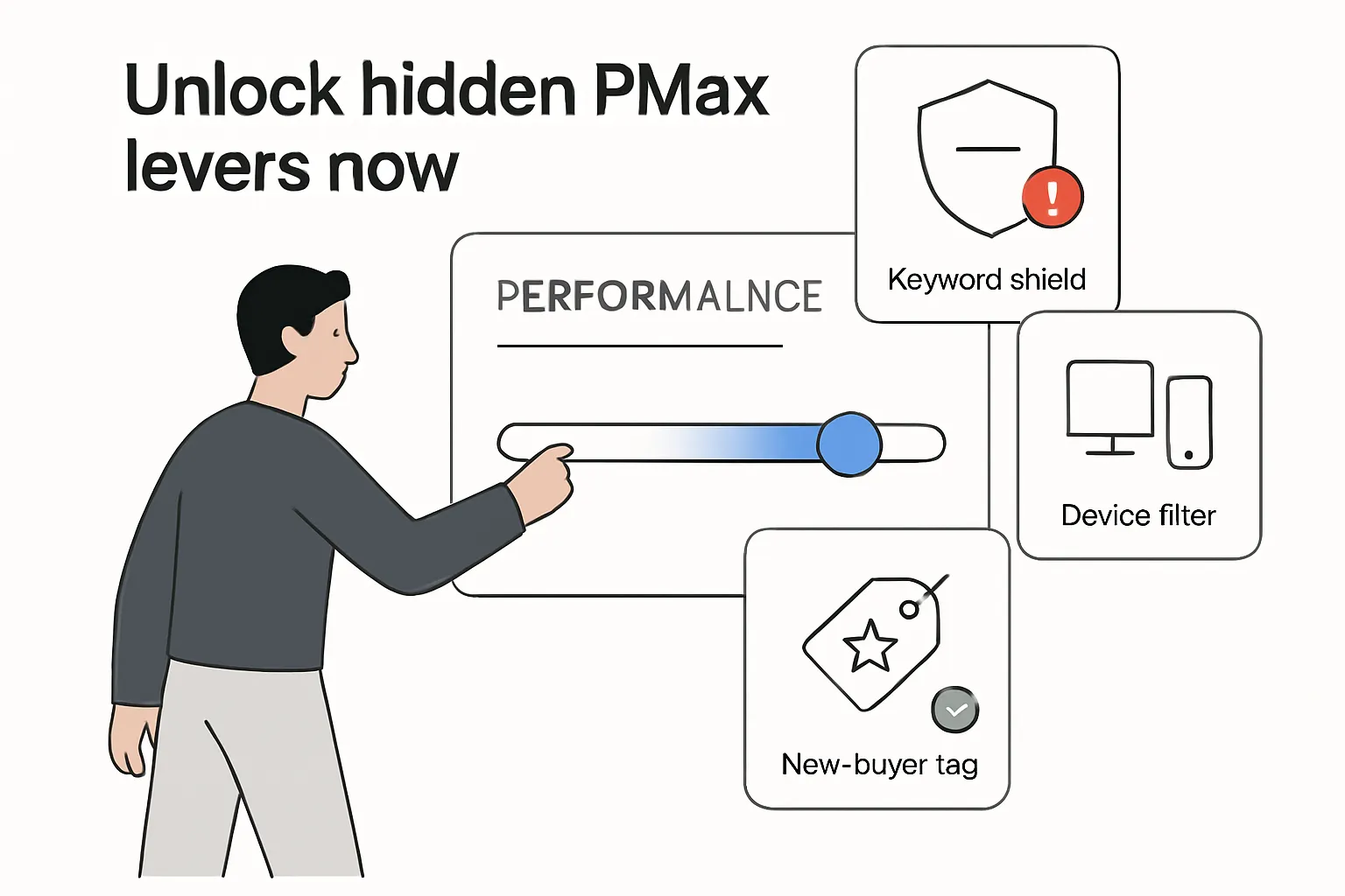 Minimalist tech illustration of a marketer avatar adjusting a Performance Max dashboard with floating UI tiles for negative keywords device filters and new buyer tracking