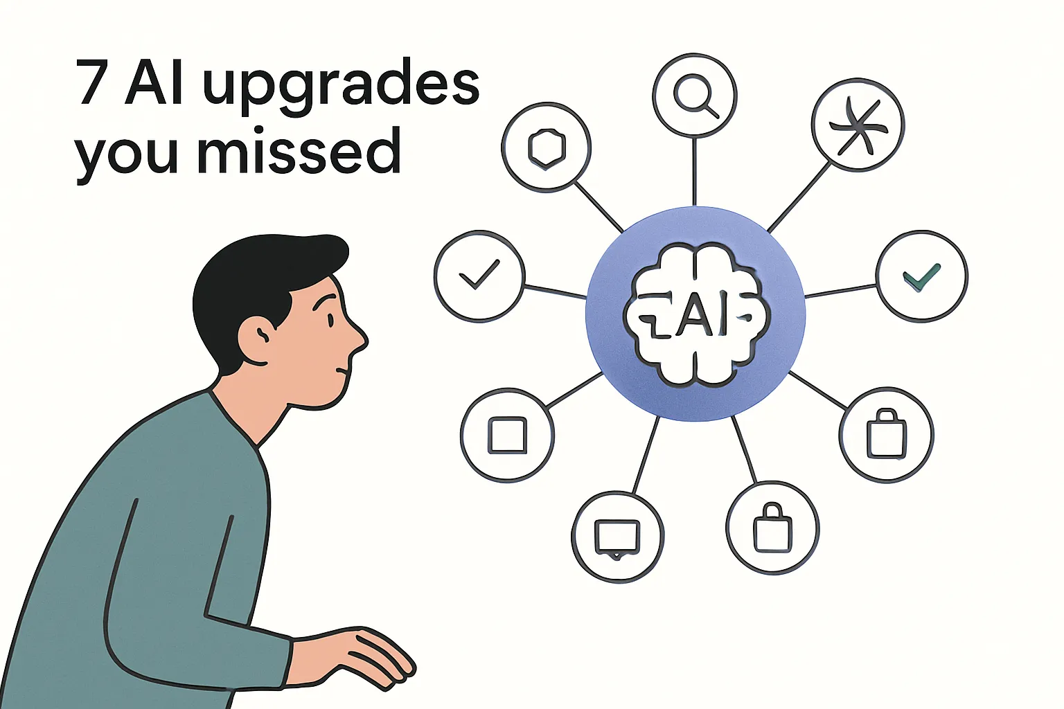 Illustration of Google's July AI hub with seven radiating tool icons for search photo remix security and AI upgrades in minimalist tech style