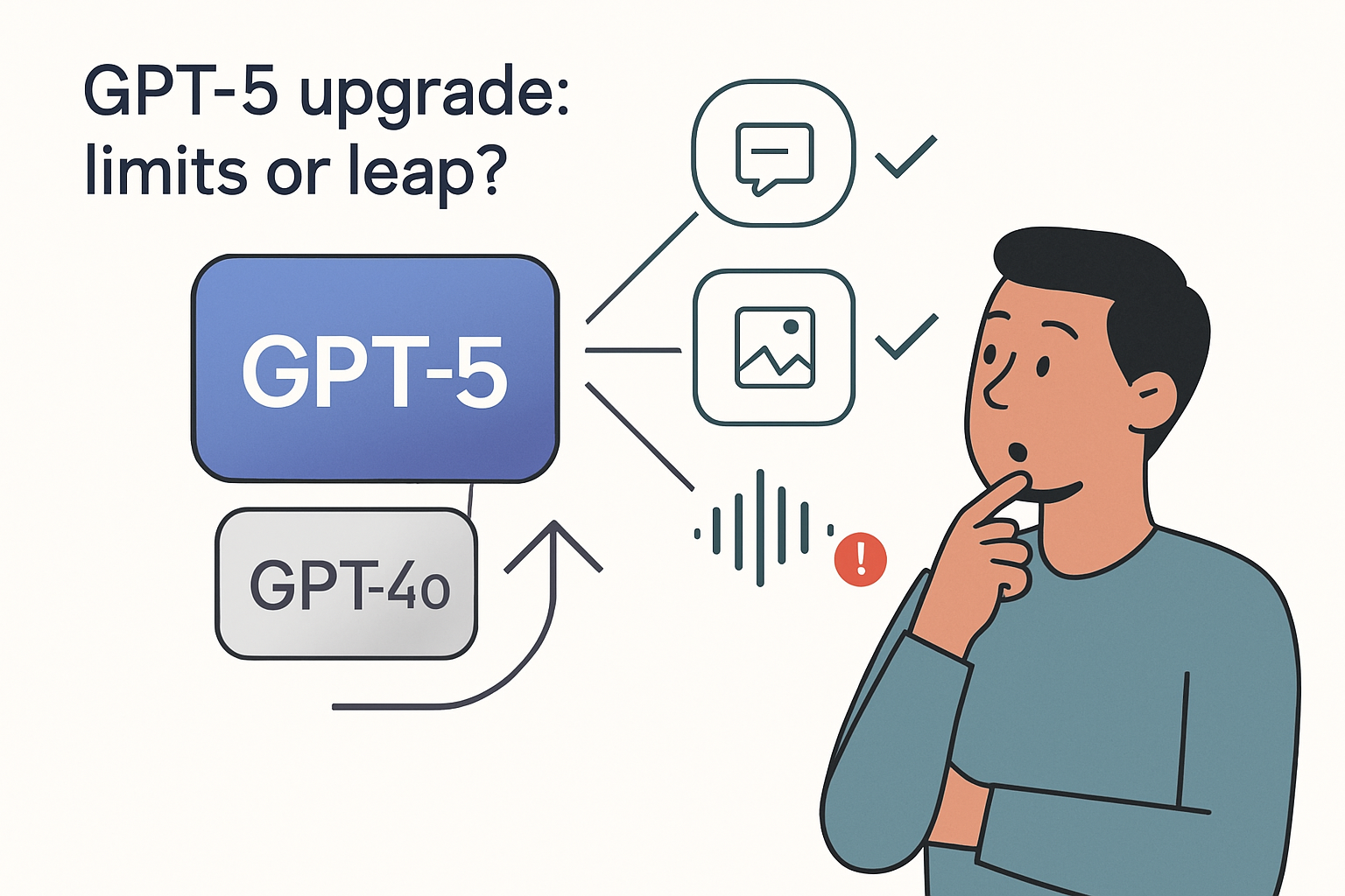 Minimalist illustration of GPT five overtaking GPT fouro with user reacting and new icons for multimodal perks and usage caps
