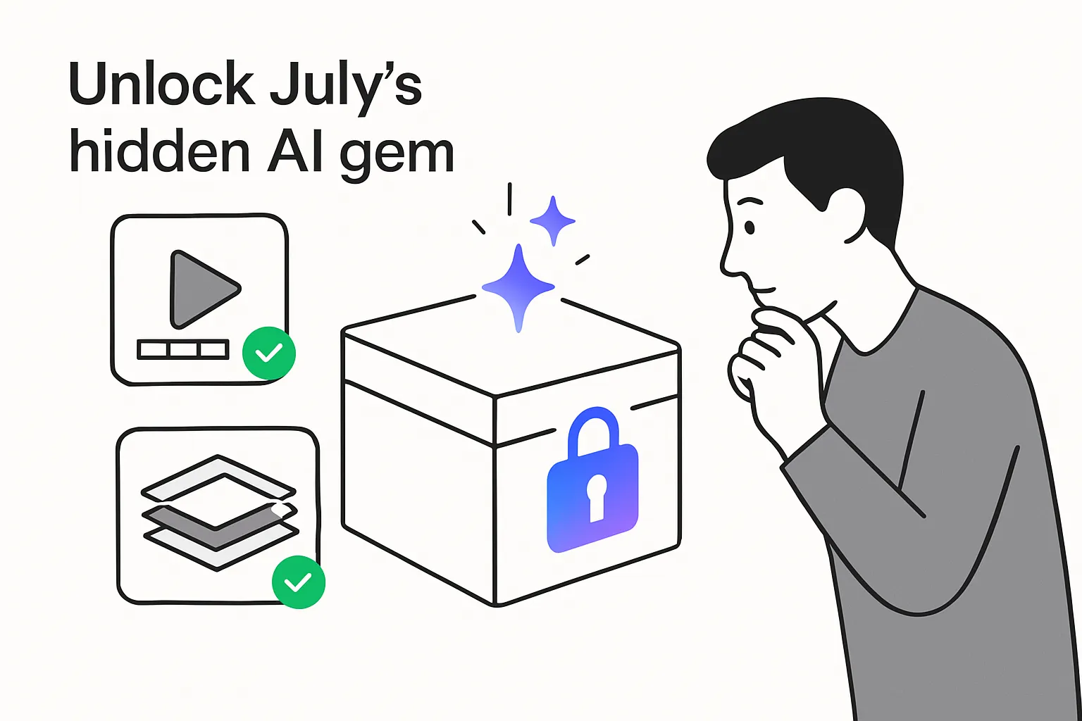 Minimalist illustration of a curious user discovering an unopened AI tool inside Google July bundle with icons for video answers and 3D photo art