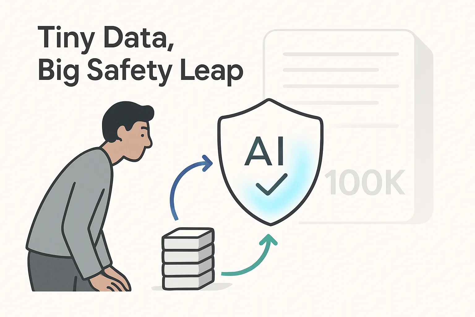 Minimalist illustration of a tiny data card stack feeding into a glowing AI safety shield with an upward gauge, background with faded large data block, clean lines, muted tones