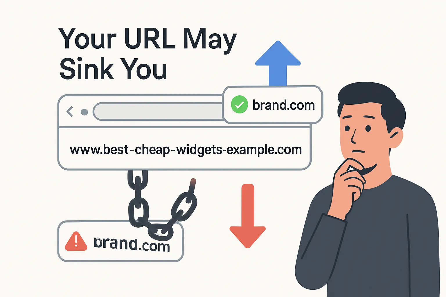 Minimalist tech illustration showing a keyword stuffed URL weighing down search ranking and a sleek brand URL rising with a concerned character and overlay text Your URL May Sink You