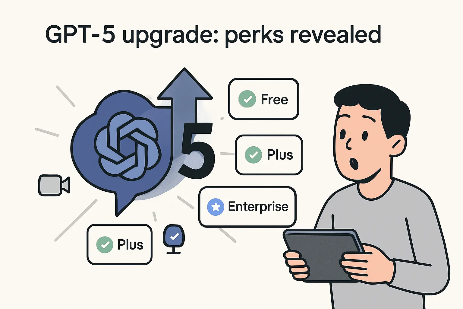ChatGPT core bot icon leveling up to five with feature tiles and user reacting in minimalist tech style