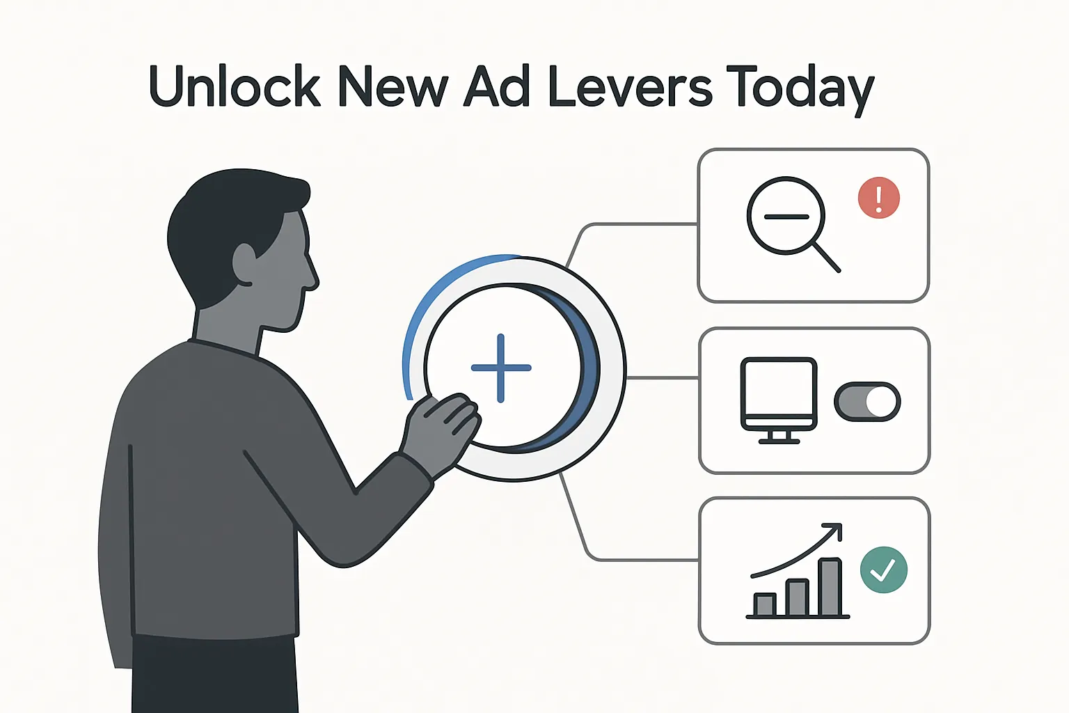 Minimalist tech illustration of a marketer avatar turning a central control dial with three branching tiles symbolizing new ad levers