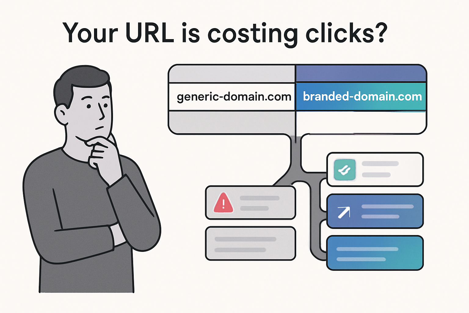 Comparison of dull generic domain versus vibrant branded domain showing search visibility advantage with minimalist tech illustration