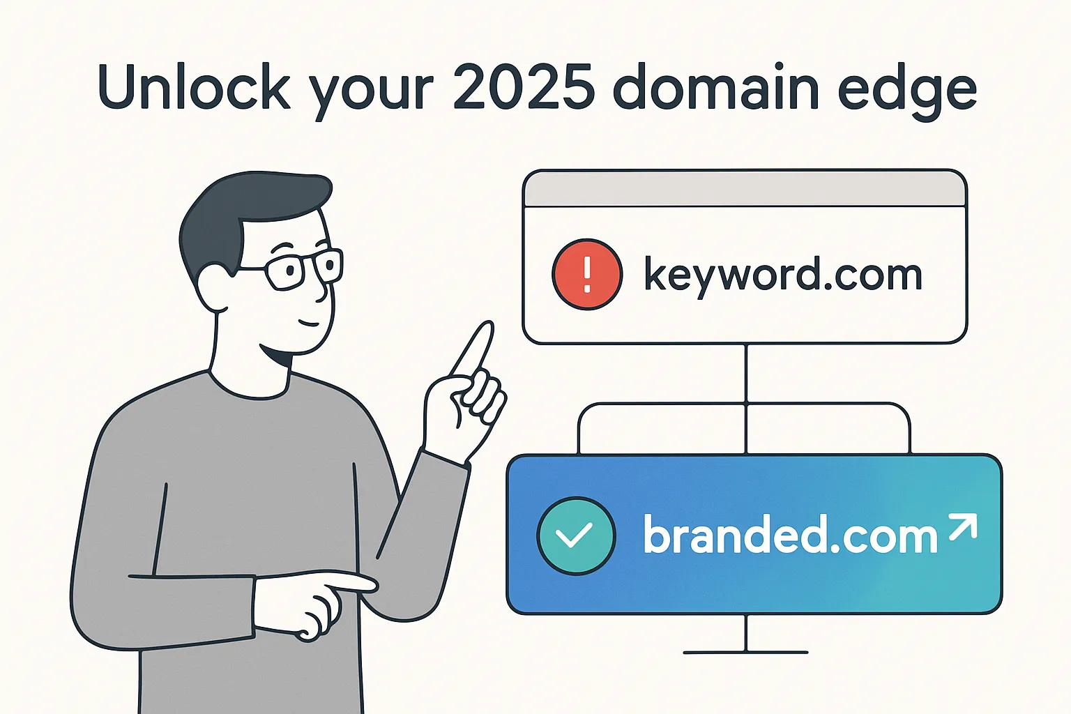 Founder comparing dull keywordcom domain card with vibrant branded domain card signaling future SEO gains in minimalist tech illustration