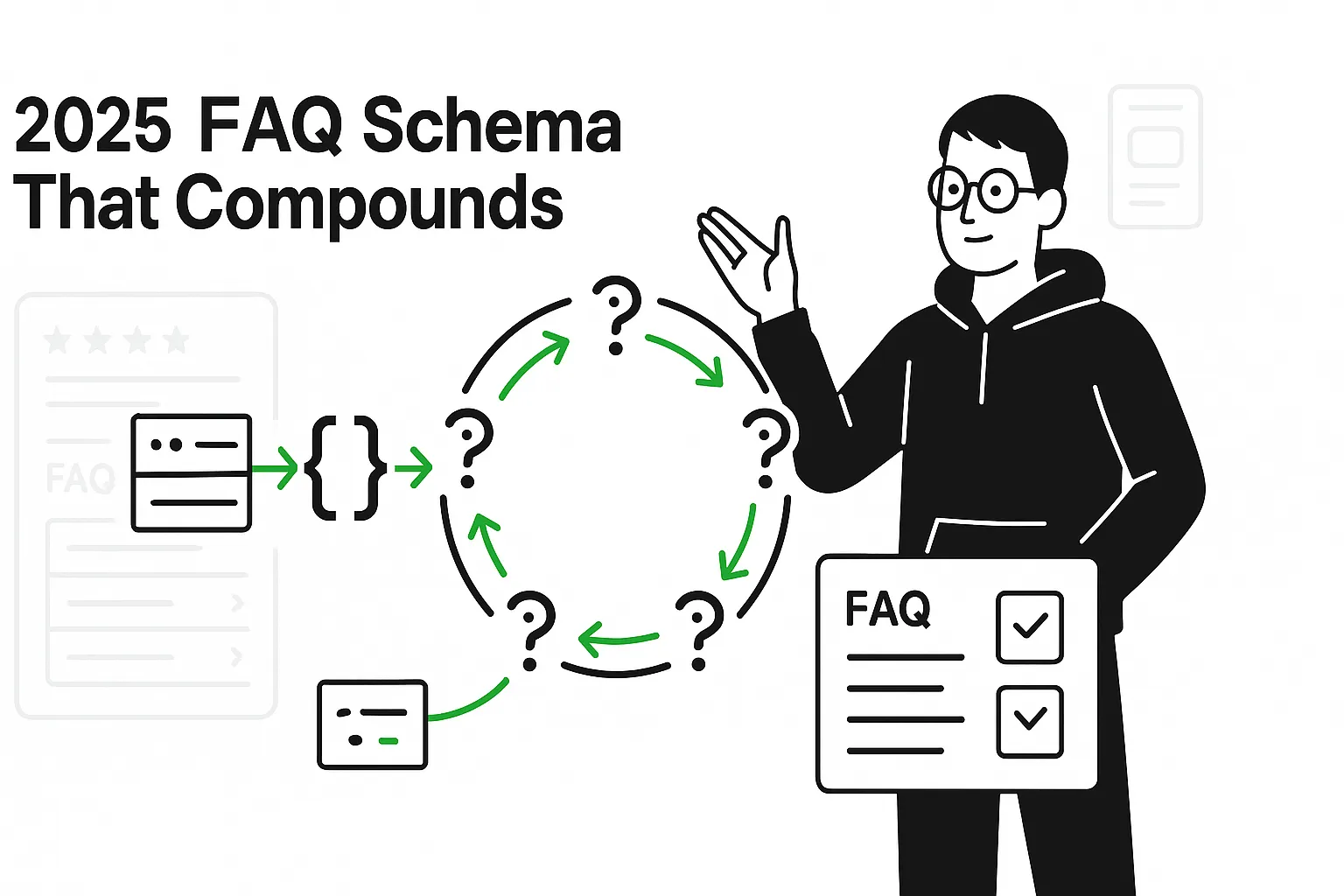 Minimalist tech illustration of a confident gender-neutral character demonstrating FAQ schema workflow with JSON-LD and flywheel icons