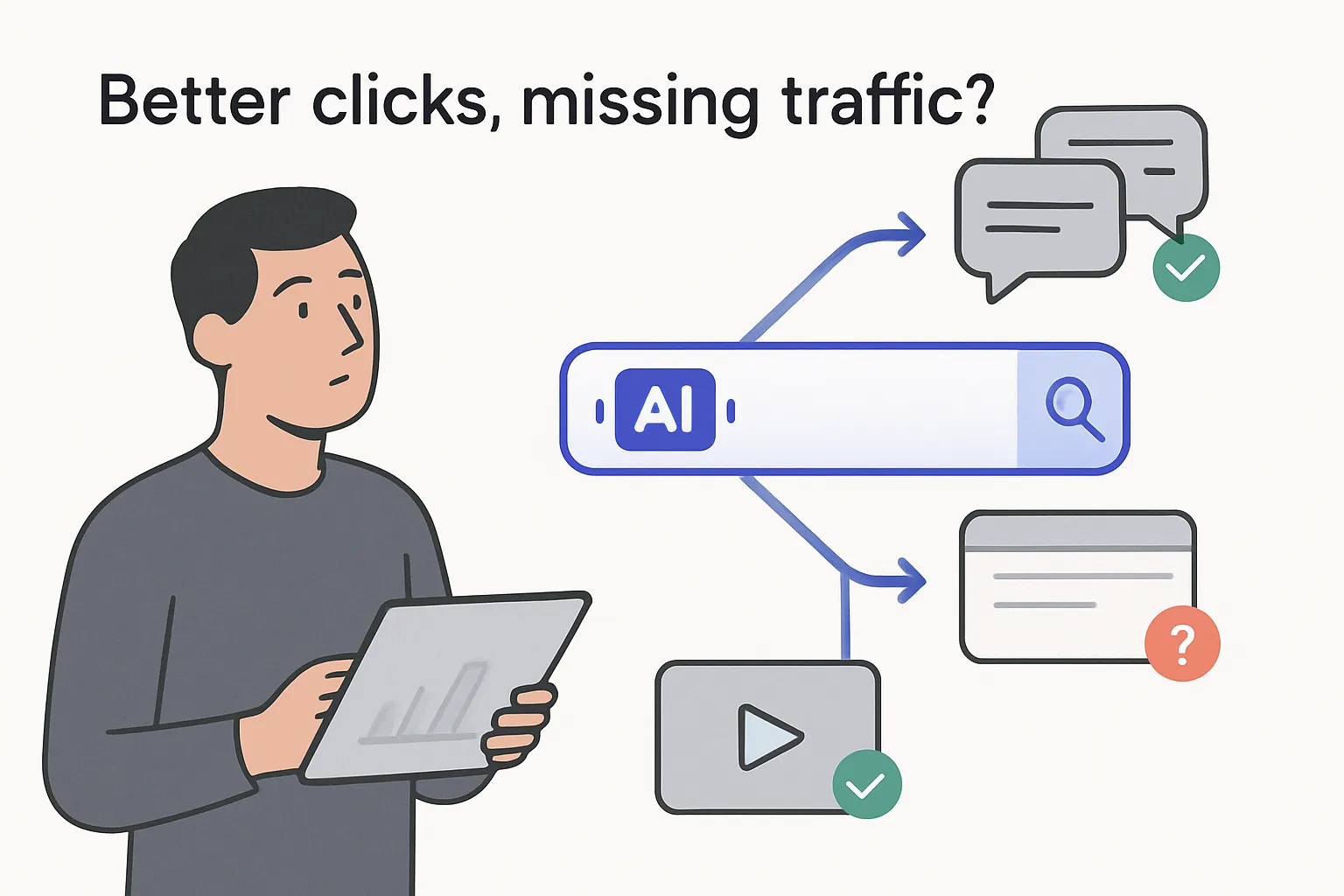 Minimalist tech illustration showing AI search boosting queries diverting traffic to forums and videos with site impact concerns