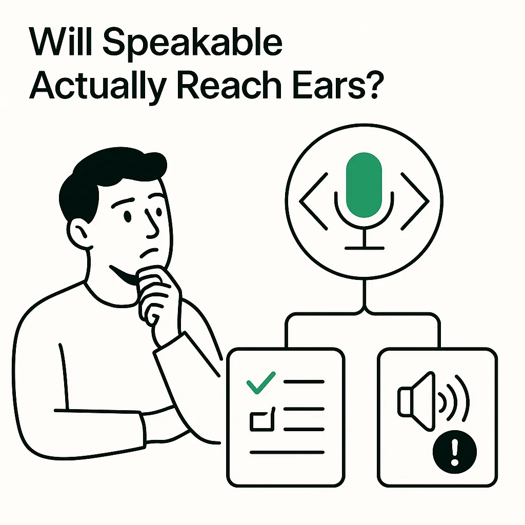 Minimalist tech illustration of a microphone with schema brackets branching into pass and fail eligibility tiles