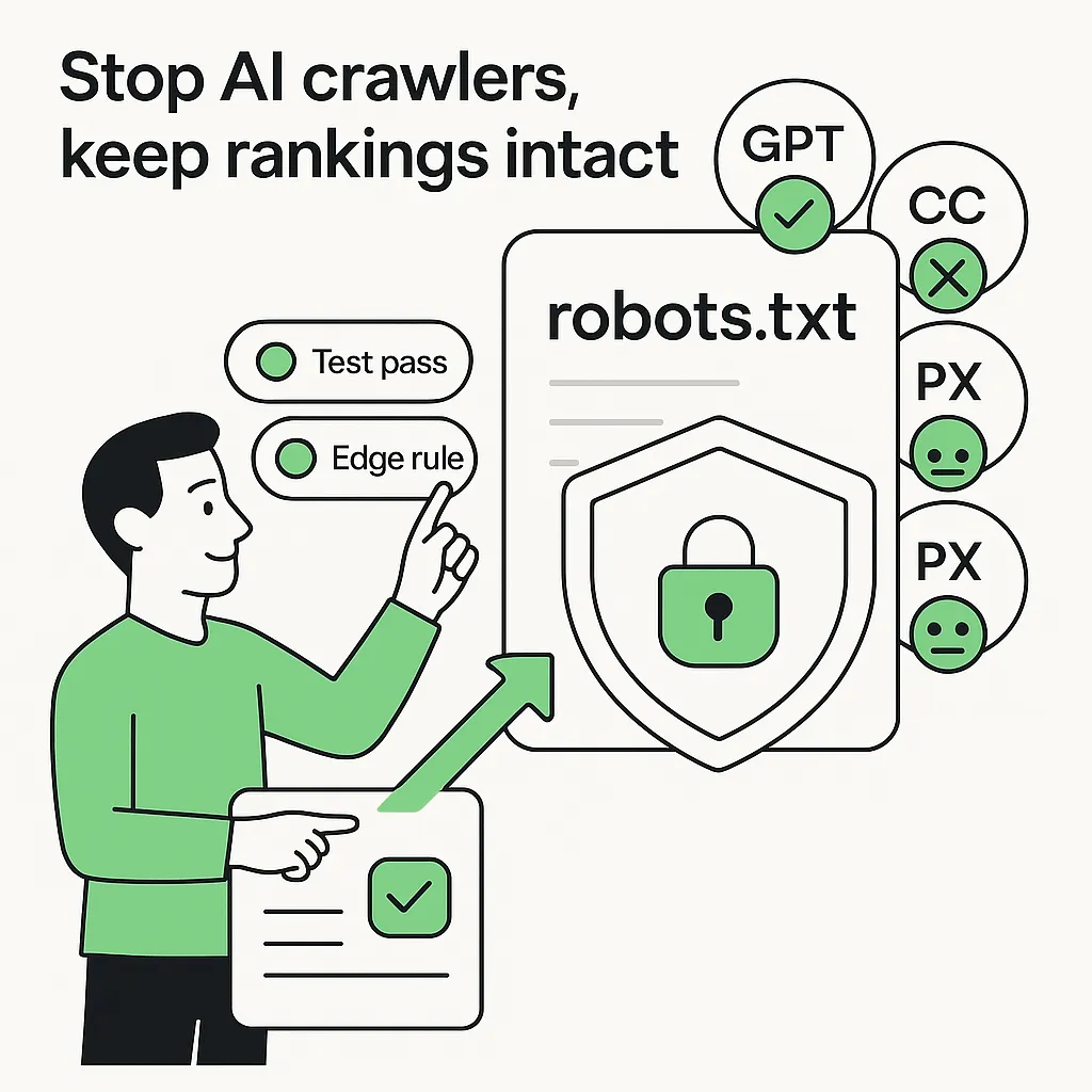 Minimalist illustration of a robots txt document as a shield blocking AI crawlers with a verified search path open