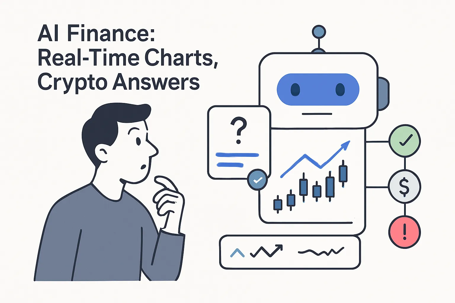 Minimalist AI finance dashboard with live charts crypto nodes and user reacting to insights