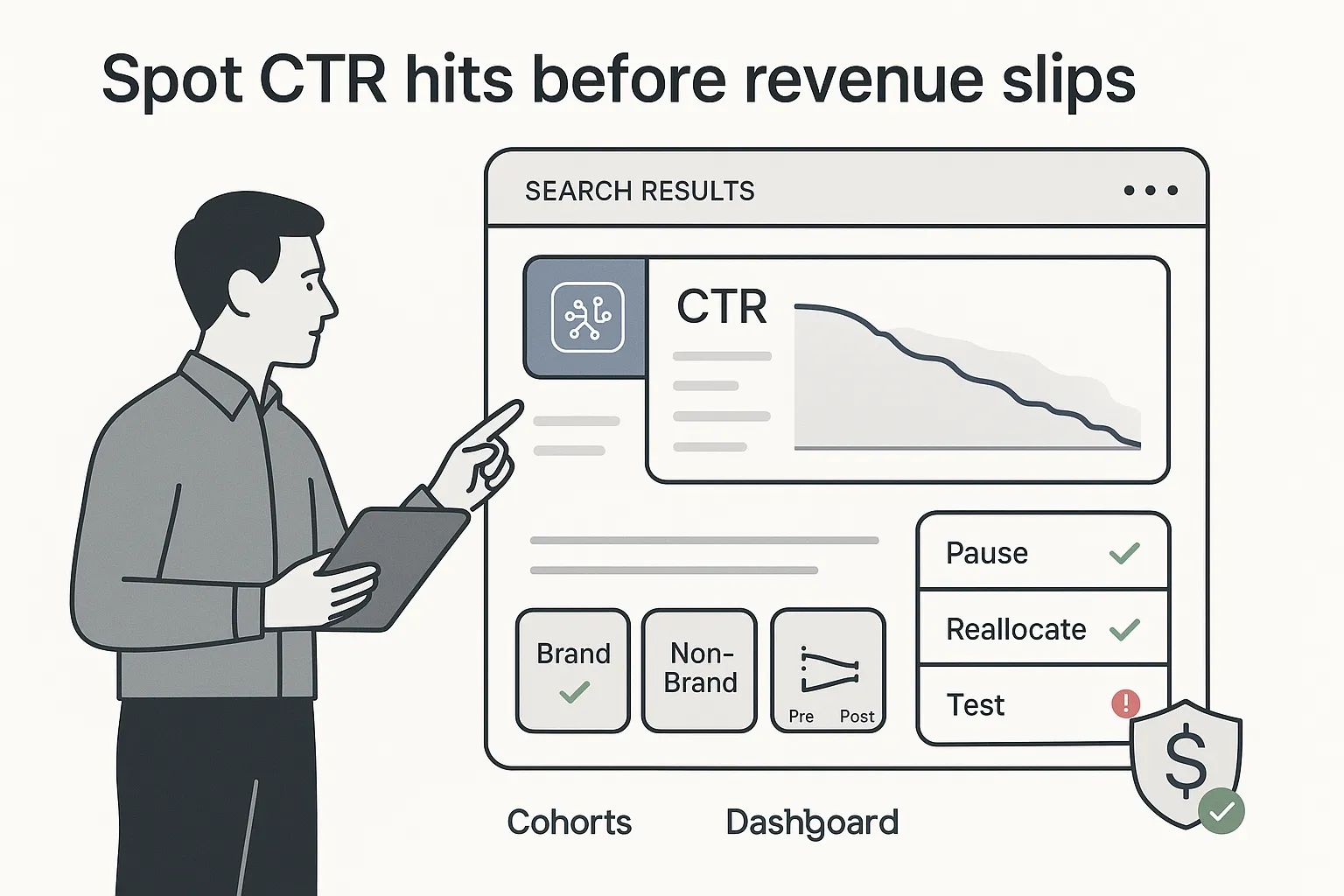 Minimalist tech illustration of analyst confronting AI dashboard with CTR decline and measurement tools