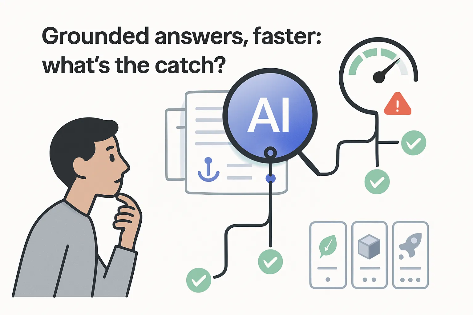 Minimalist tech illustration of AI search lens with branching paths and human avatar reacting