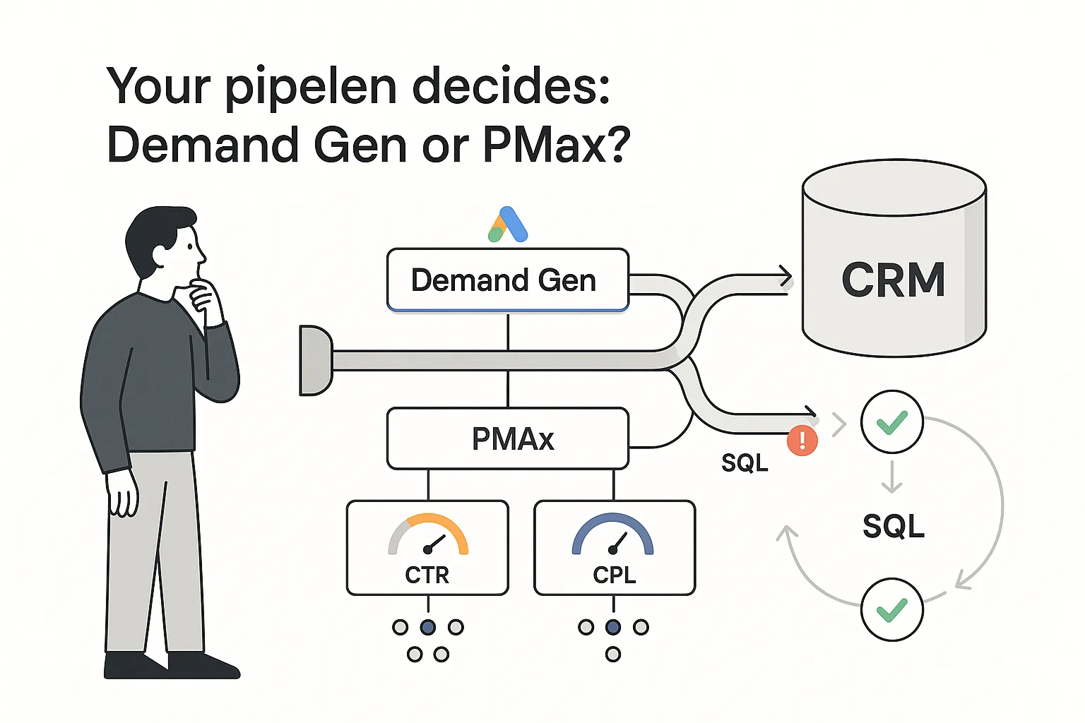 Minimalist tech illustration of a decision map with pipeline and Google Ads paths feeding a CRM cylinder