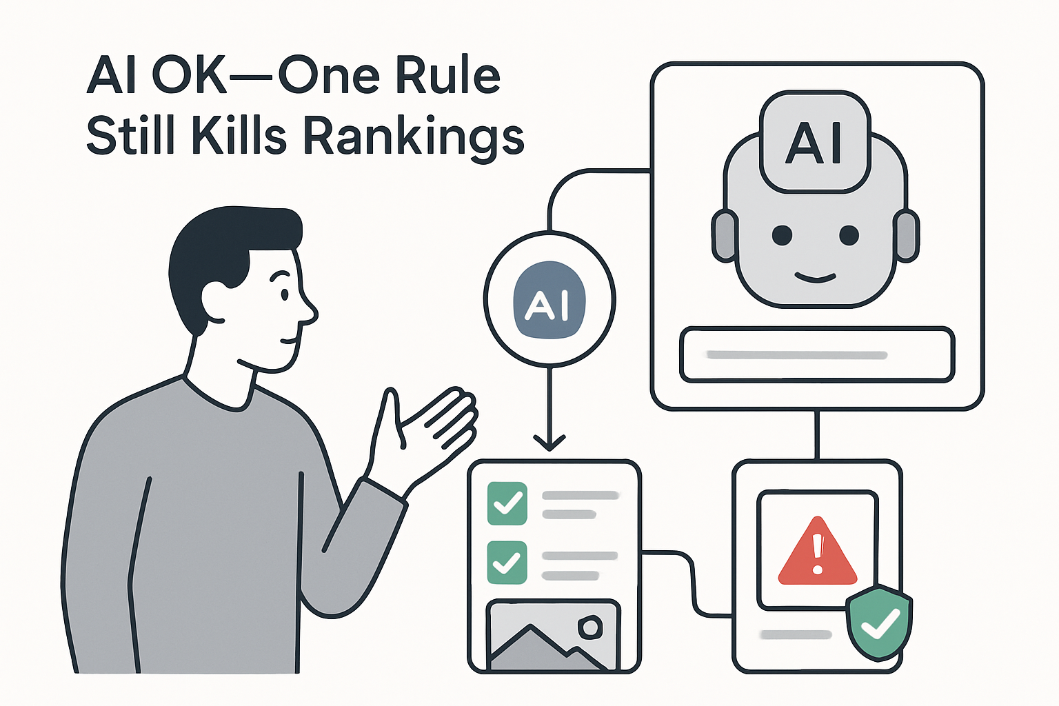 Minimalist AI chatbot illustrating search results with quality and policy risk indicators and image tag icon