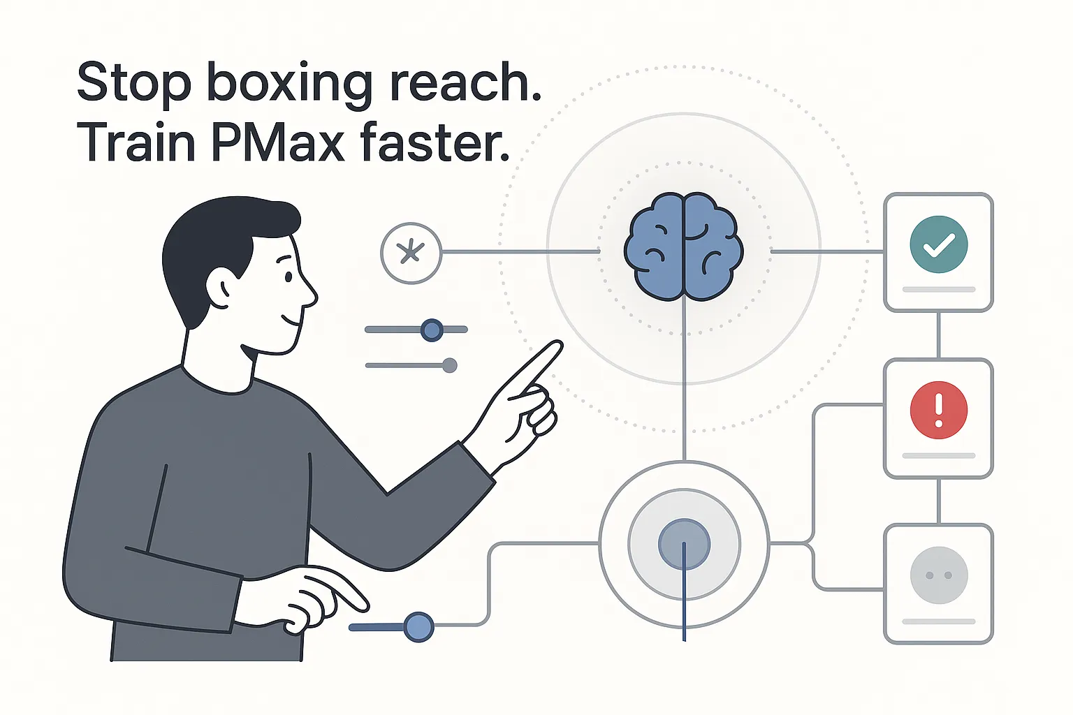 Minimalist tech illustration of a marketer guiding Google PMax with audience hints and adjustable reach