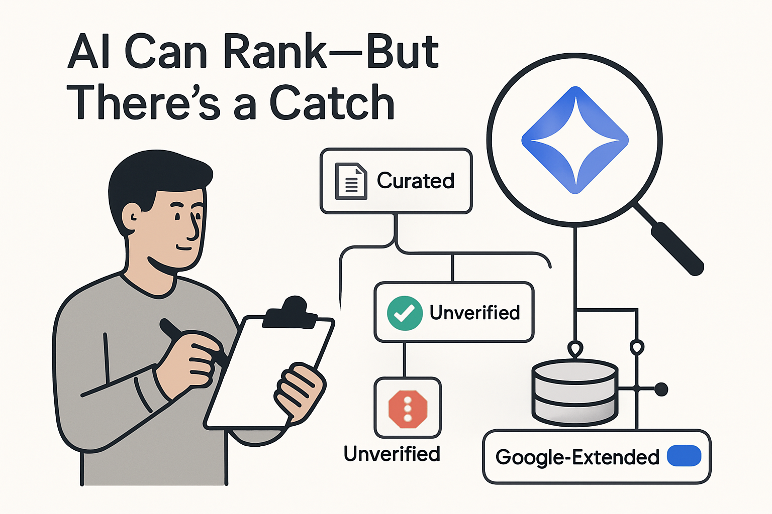Minimalist tech illustration of AI content ranking with human curation and Gemini powering Search