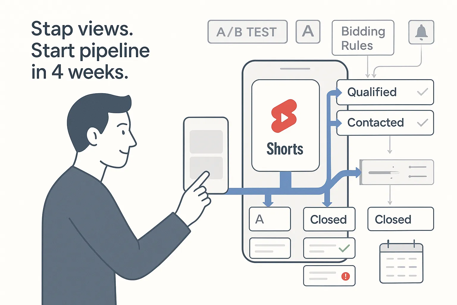 Minimalist tech illustration of YouTube Shorts feed transforming into B2B CRM pipeline with marketer tapping a card