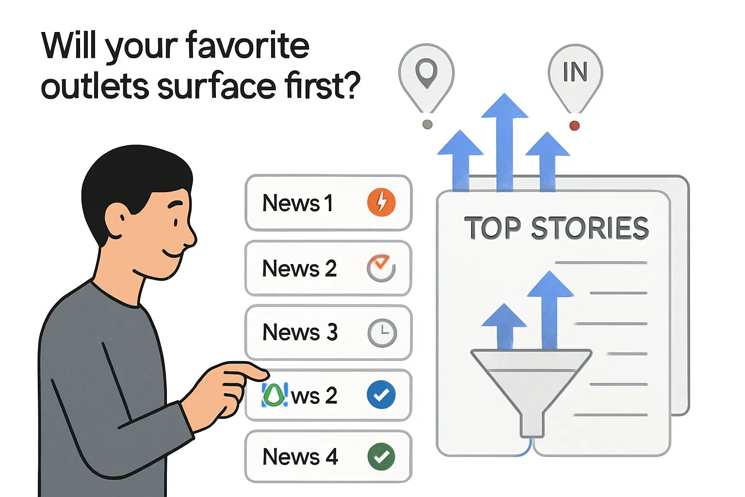 Illustration of user selecting news sources for Top Stories surfacing with minimal design