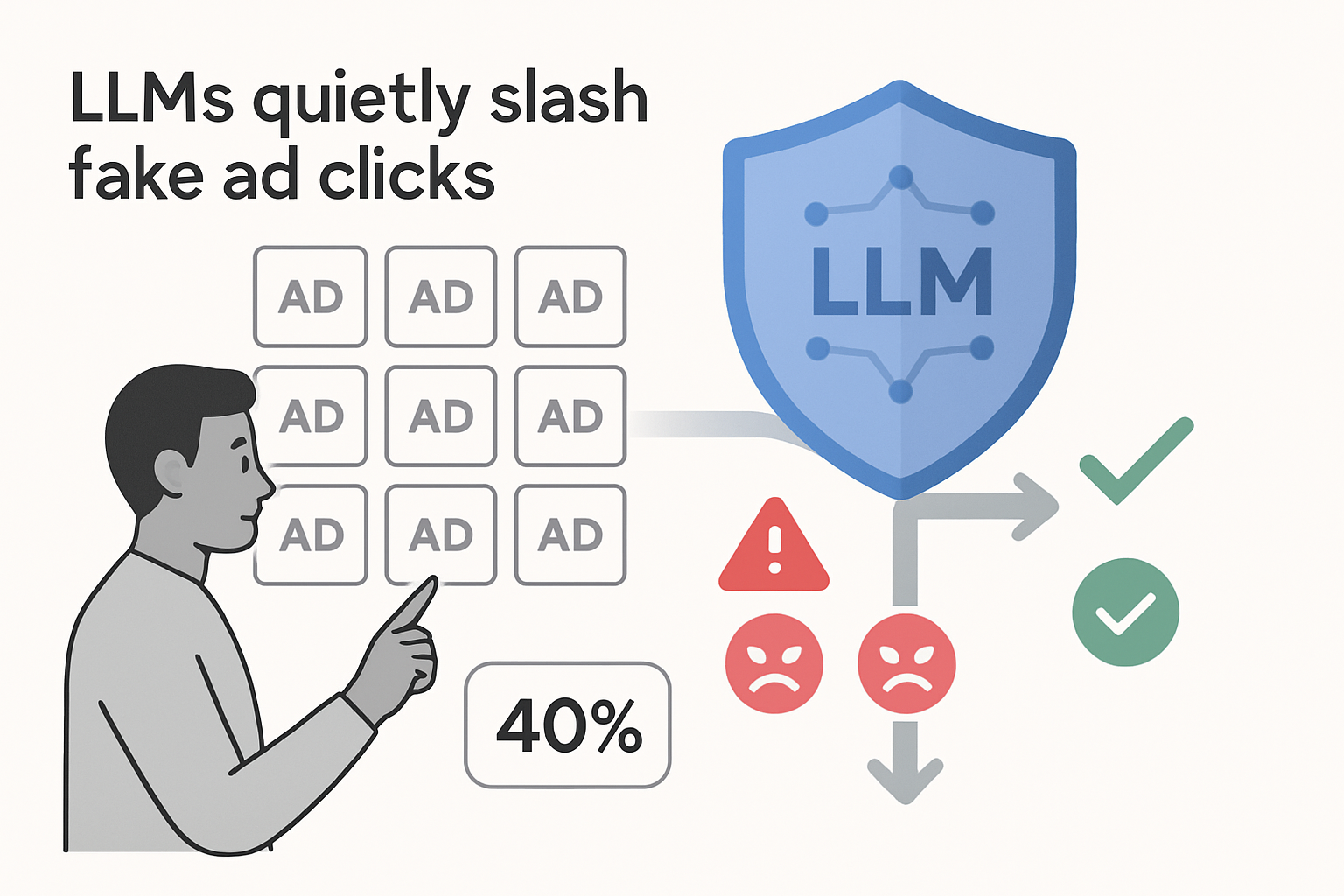 Minimalist tech scene showing an LLM shield filtering fake ad clicks with a 40 percent traffic reduction