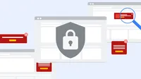 A shield with a padlock icon on a computer screen, surrounded by popup windows with error messages.