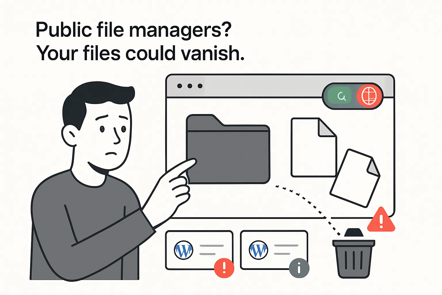 Minimalist illustration of worried user noticing WordPress file manager with public toggle risking file deletion