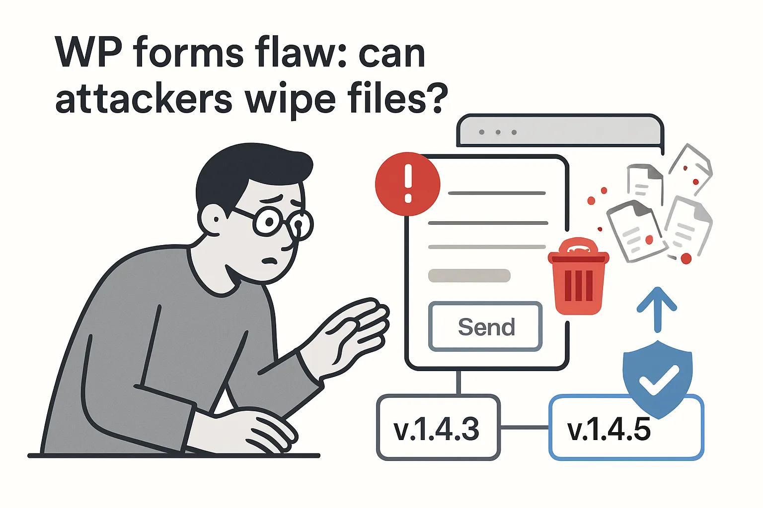 Minimalist tech illustration of a worried admin reacting to a vulnerable contact form with a red alert and secure update path