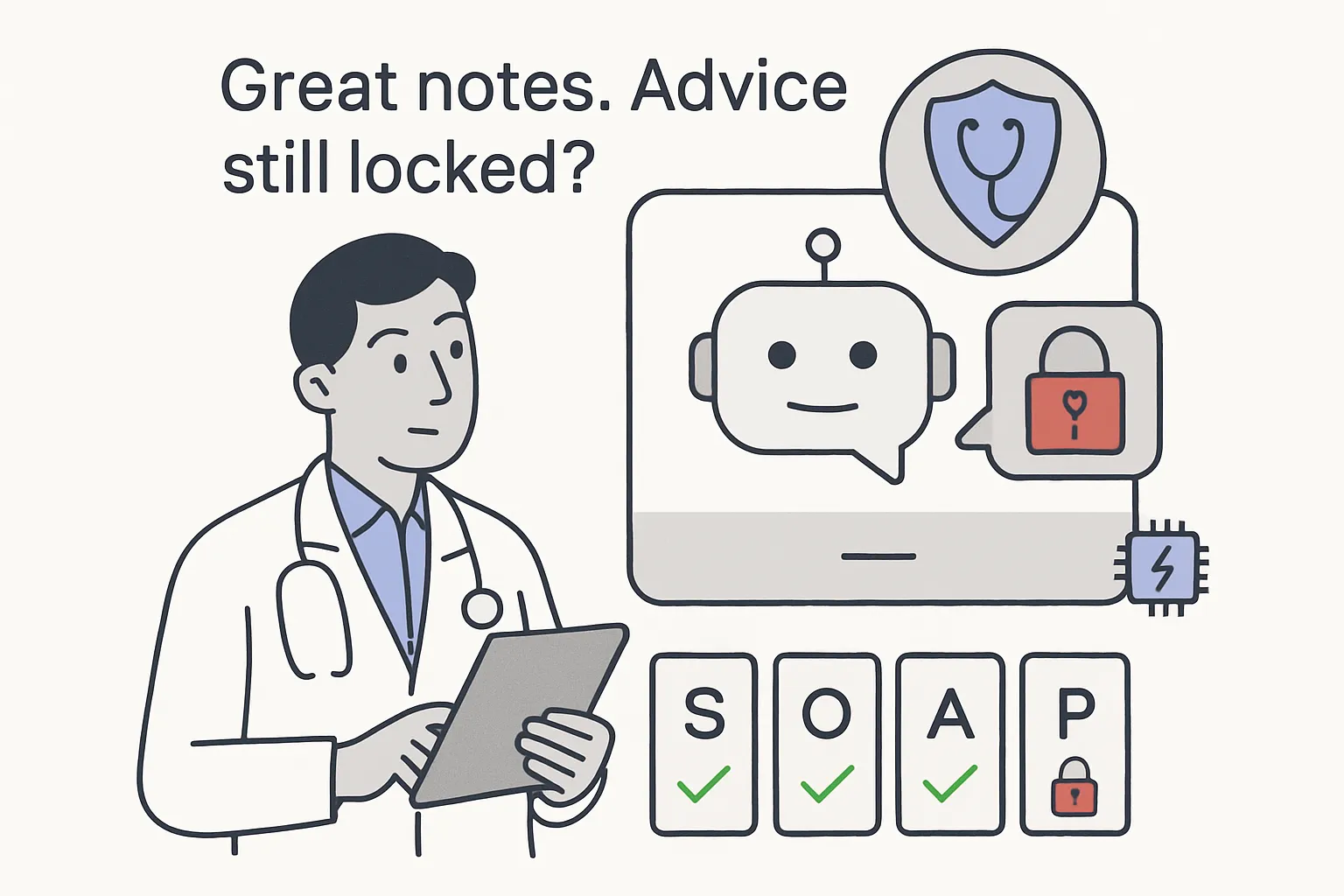 Minimalist AI medical chatbot with locked patient advice and SOAP note icons