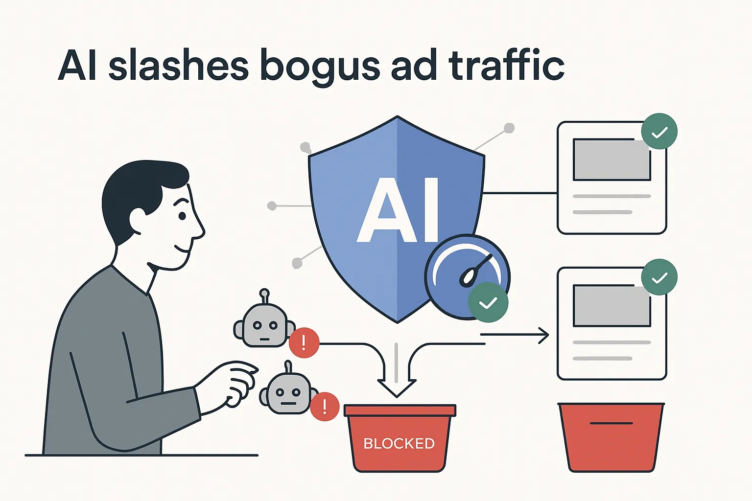 AI shield filtering ad traffic blocking bots and approving safe ad cards with marketer reacting