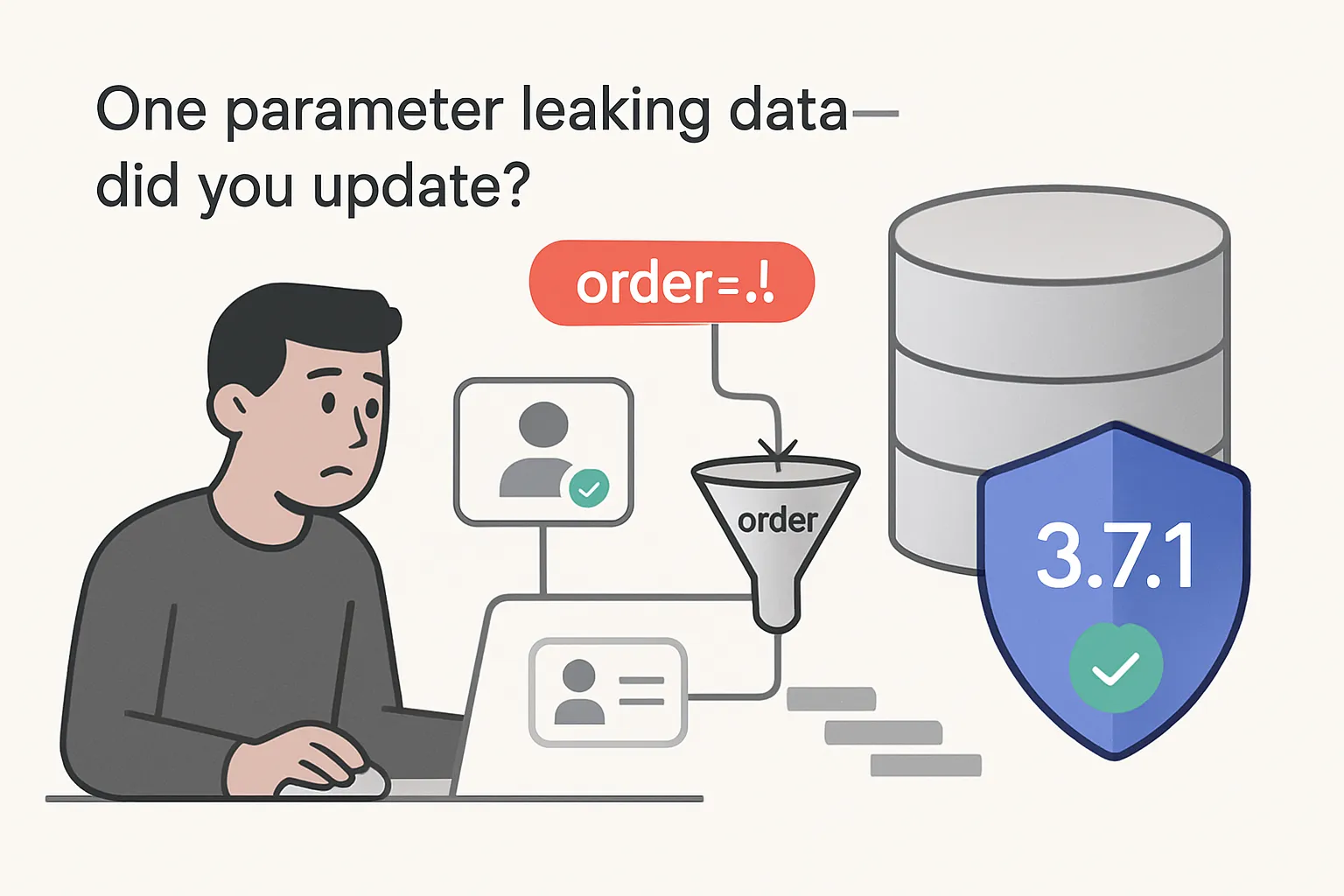 Minimalist tech illustration of a user noticing a data leak from a database with a security shield update