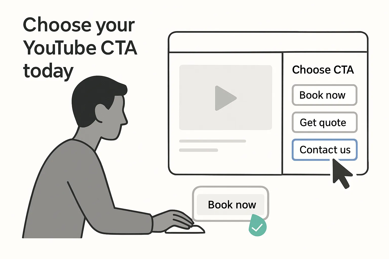 Minimalist tech illustration of YouTube campaign panel with CTA options and creator selecting one