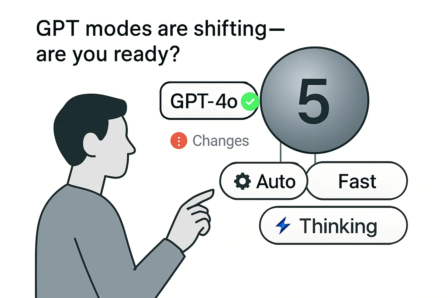 Minimalist tech illustration of user comparing GPT 4o badge to GPT 5 modes with status cues