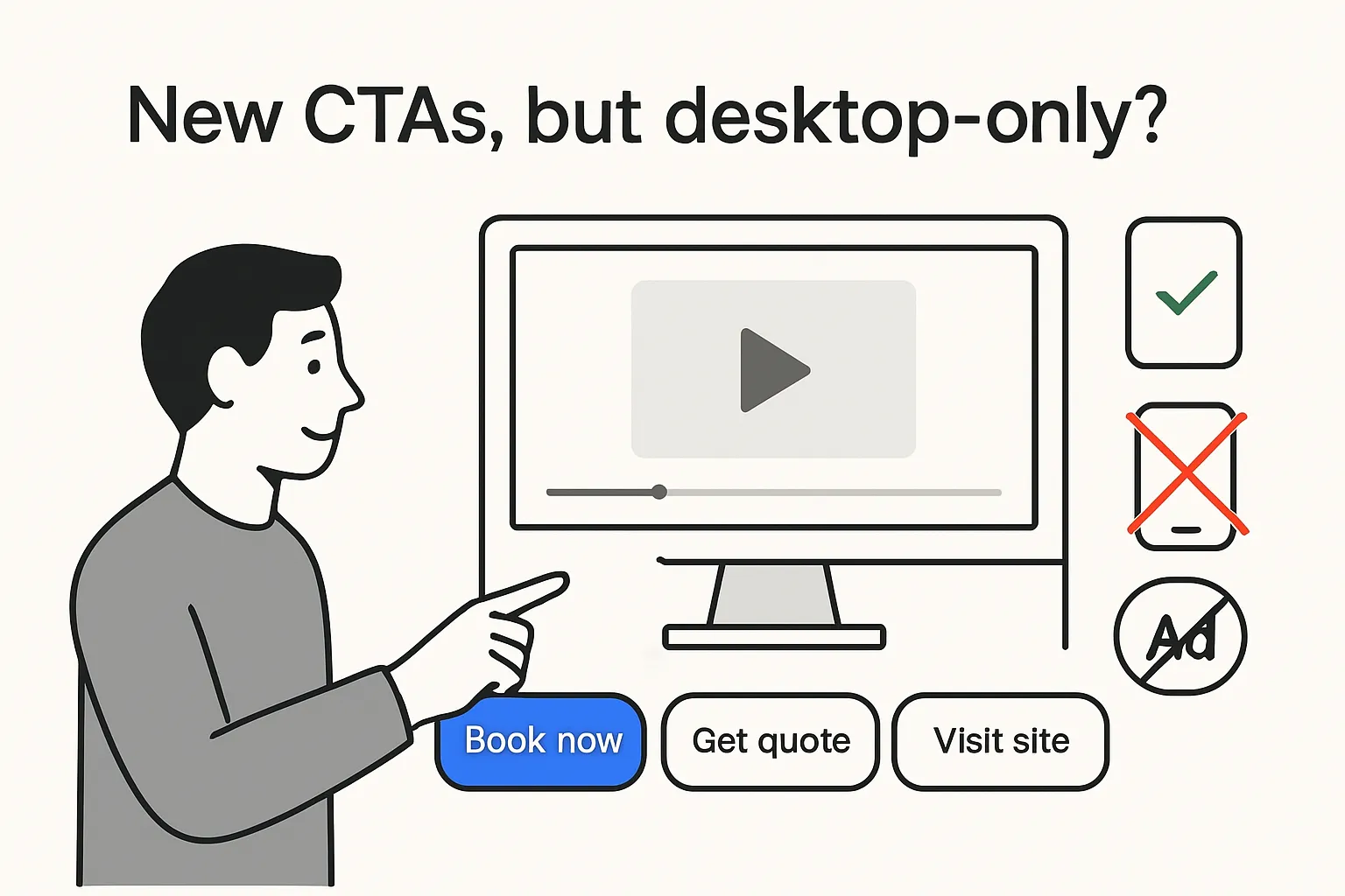 Minimalist tech illustration of desktop monitor with YouTube-like video panel and CTA buttons showing desktop-only availability