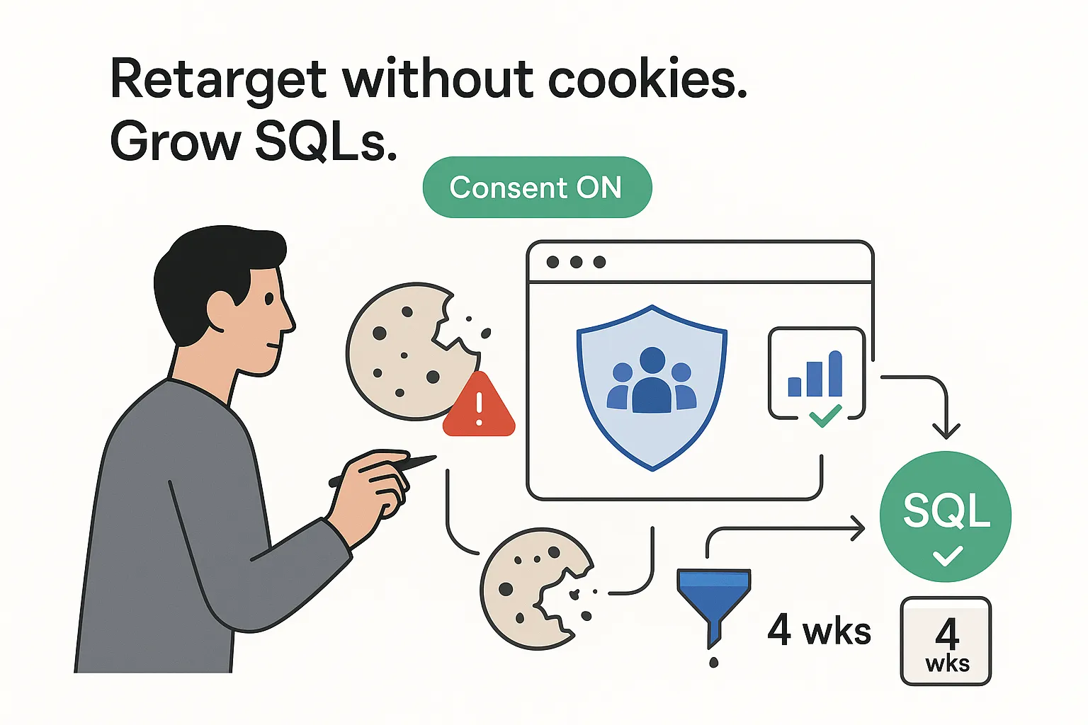 Minimalist tech illustration of B2B marketer choosing Privacy Sandbox path over cookies with retargeting and SQL growth