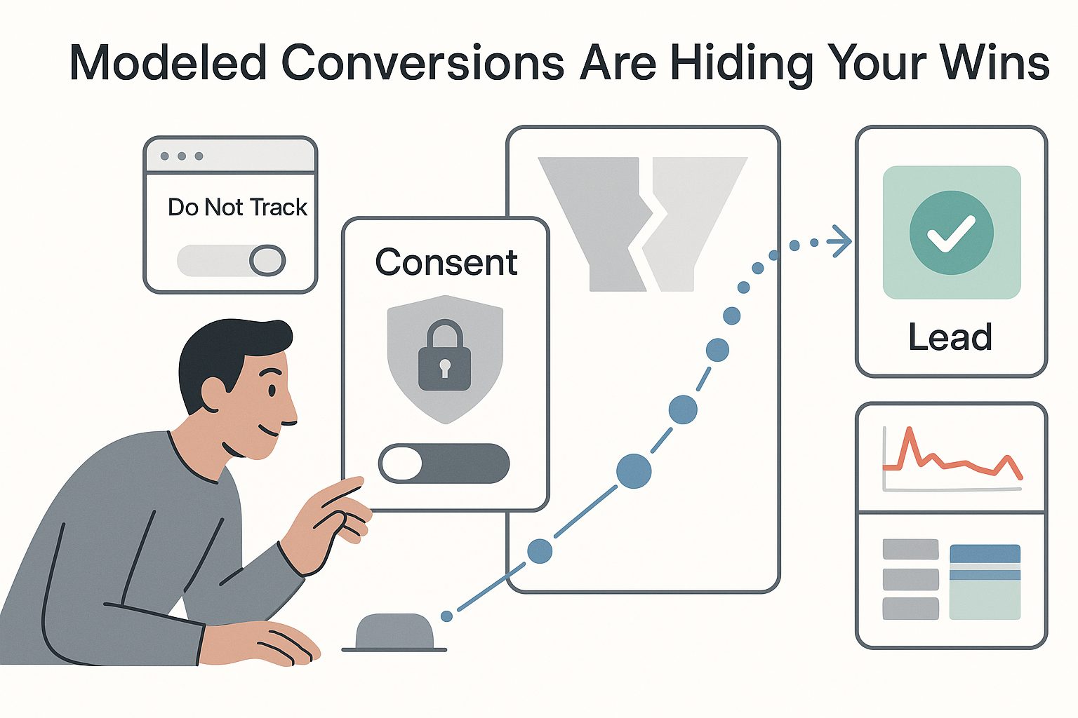 Minimalist tech illustration showing consent banner blocking data and reconnecting conversions with modeled data nodes