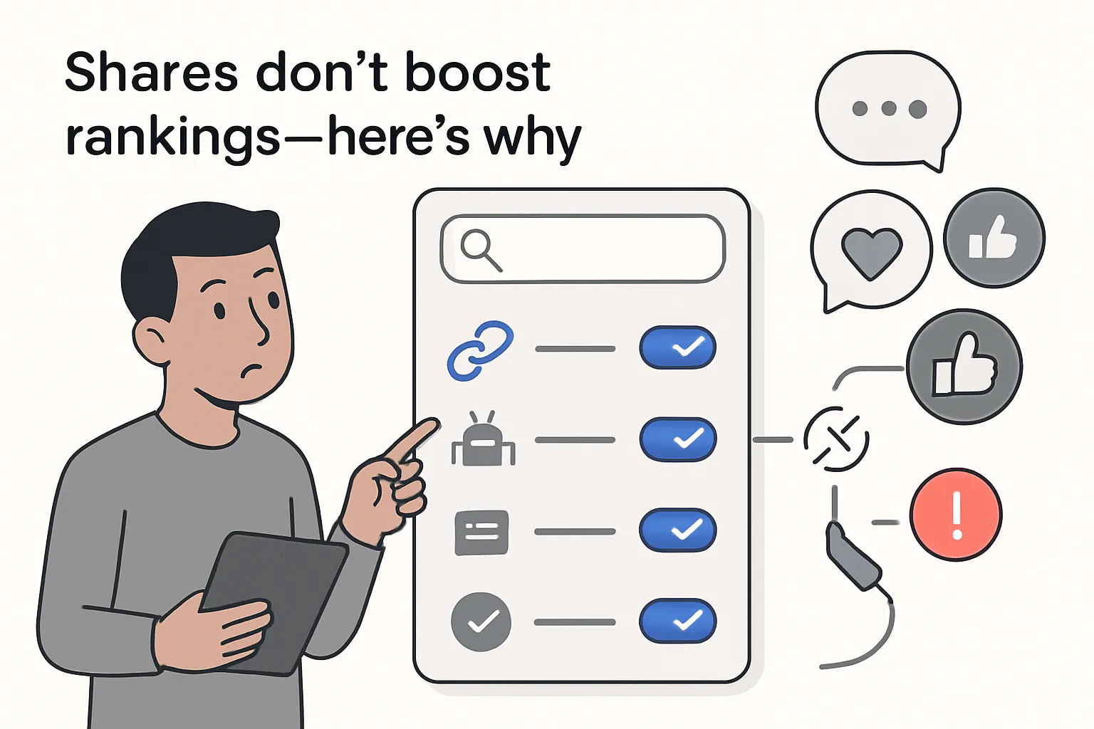 Minimalist tech illustration of search ranking control panel with disconnected social share icons
