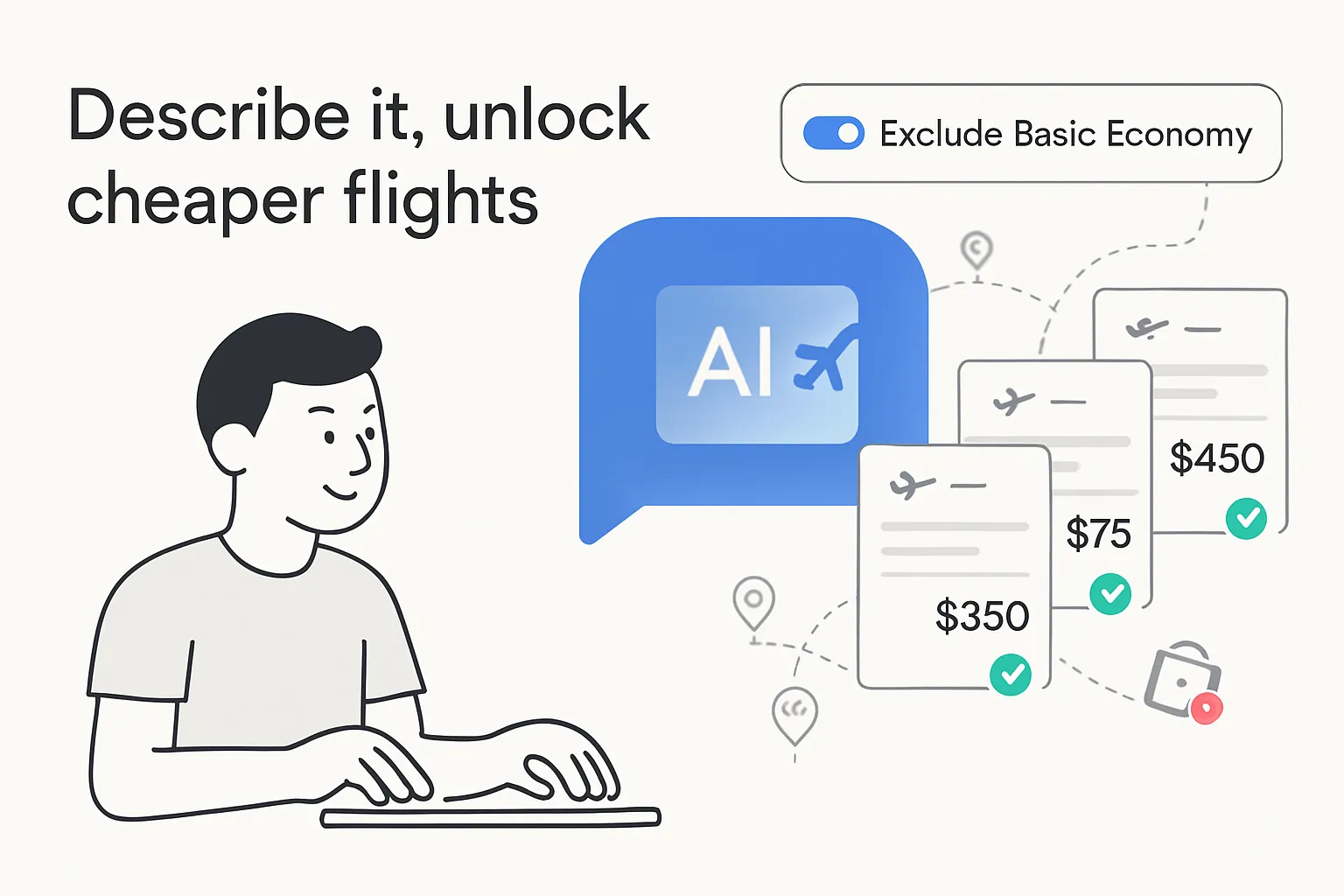 Minimalist tech illustration of AI chat bubble generating flight deal cards with exclude basic economy toggle