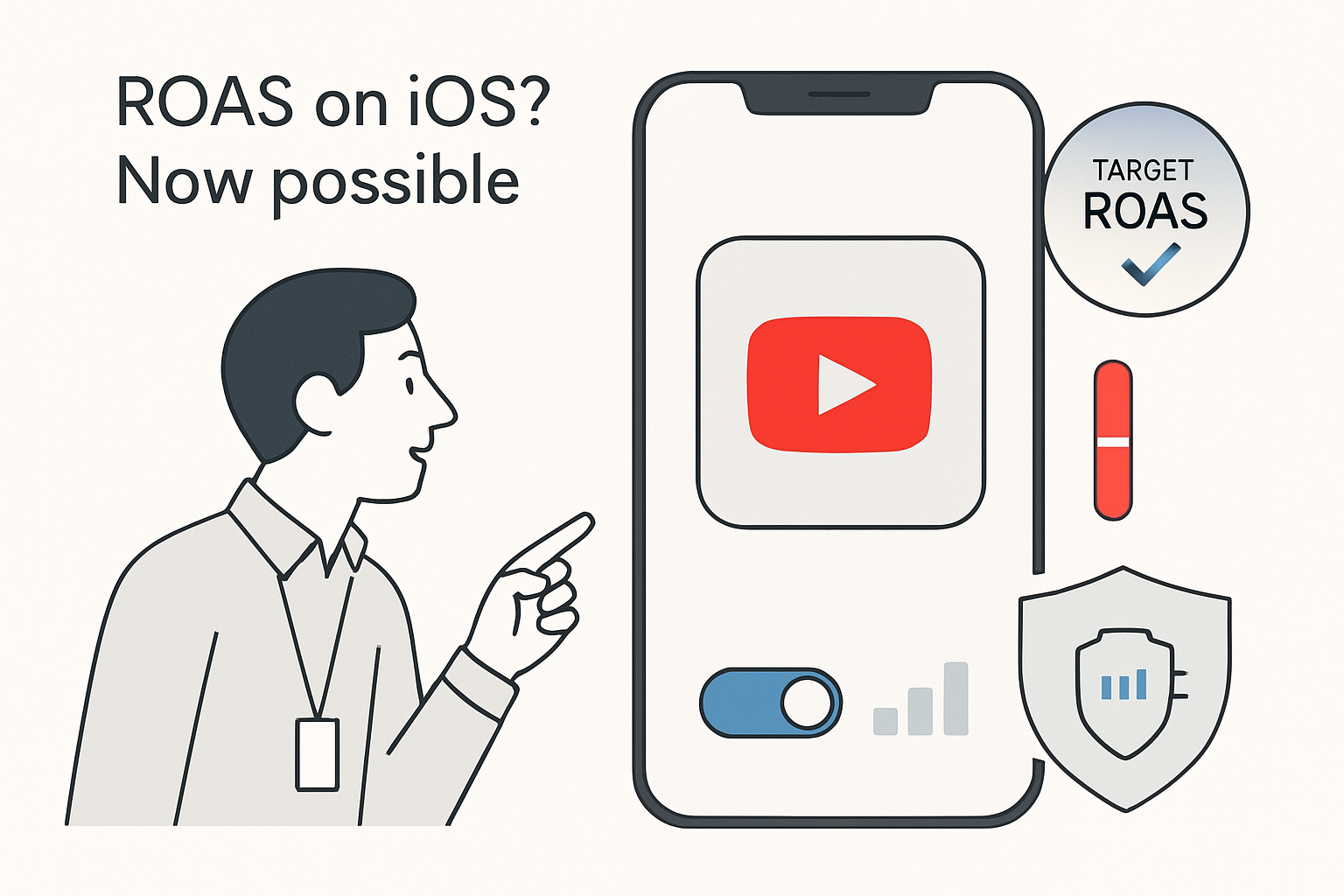 Minimalist tech illustration of a marketer reacting to a large iPhone displaying YouTube ad elements and UI symbols