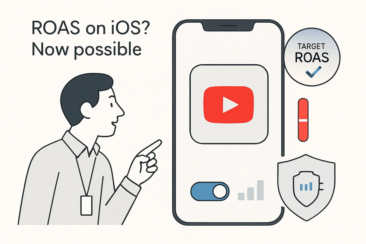 Minimalist tech illustration of a marketer reacting to a large iPhone displaying YouTube ad elements and UI symbols