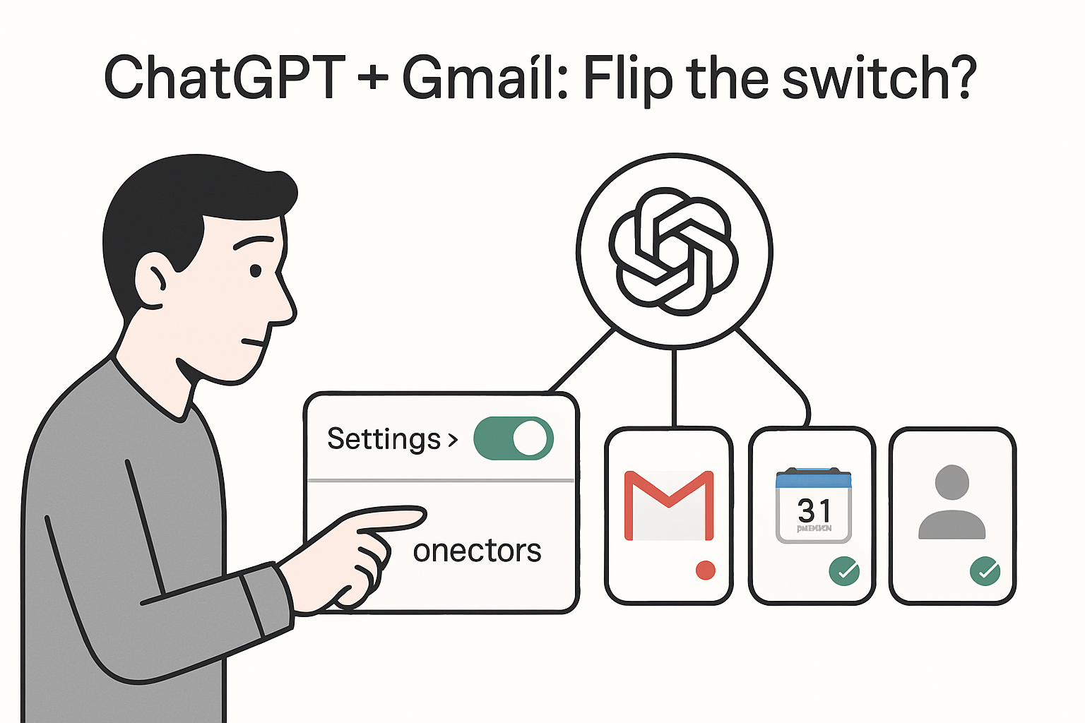Minimalist tech illustration of ChatGPT node connecting to Gmail Calendar and Contacts with toggle switch and privacy checks