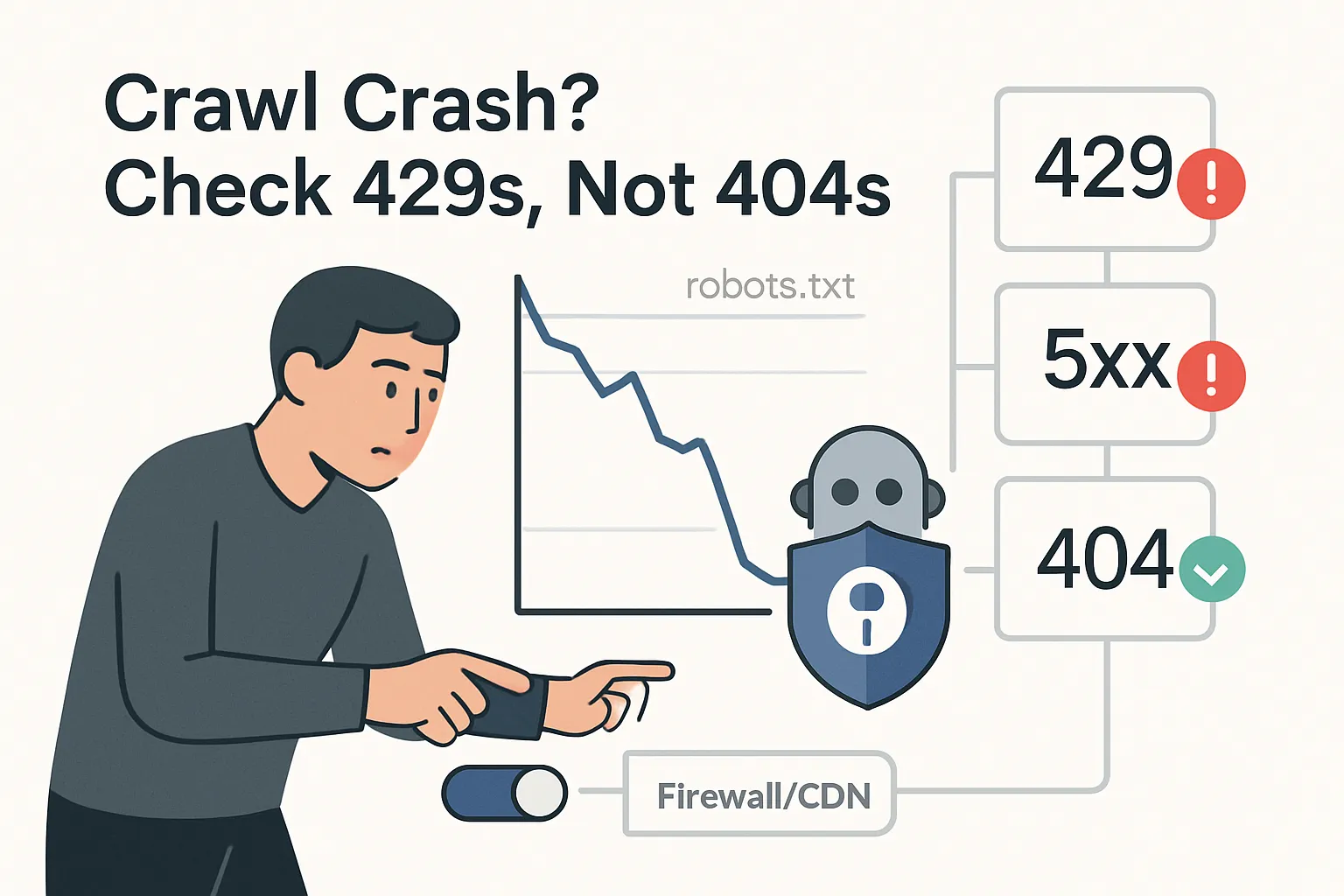 Illustration of a sudden crawl drop with analytics graph and server error alerts