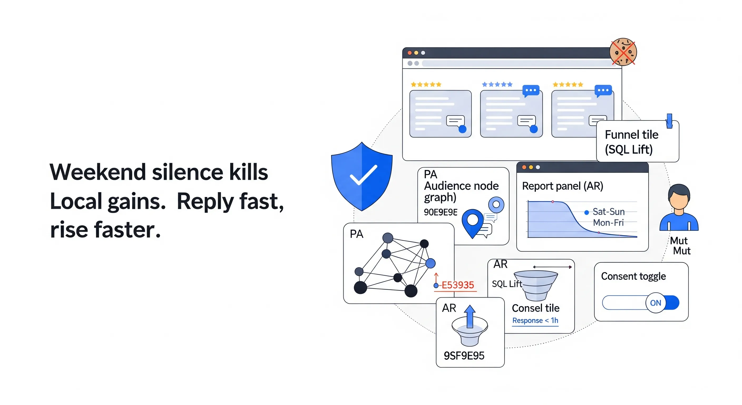 Minimalist tech illustration of local reviews privacy retargeting dashboard with consent toggle and analytics
