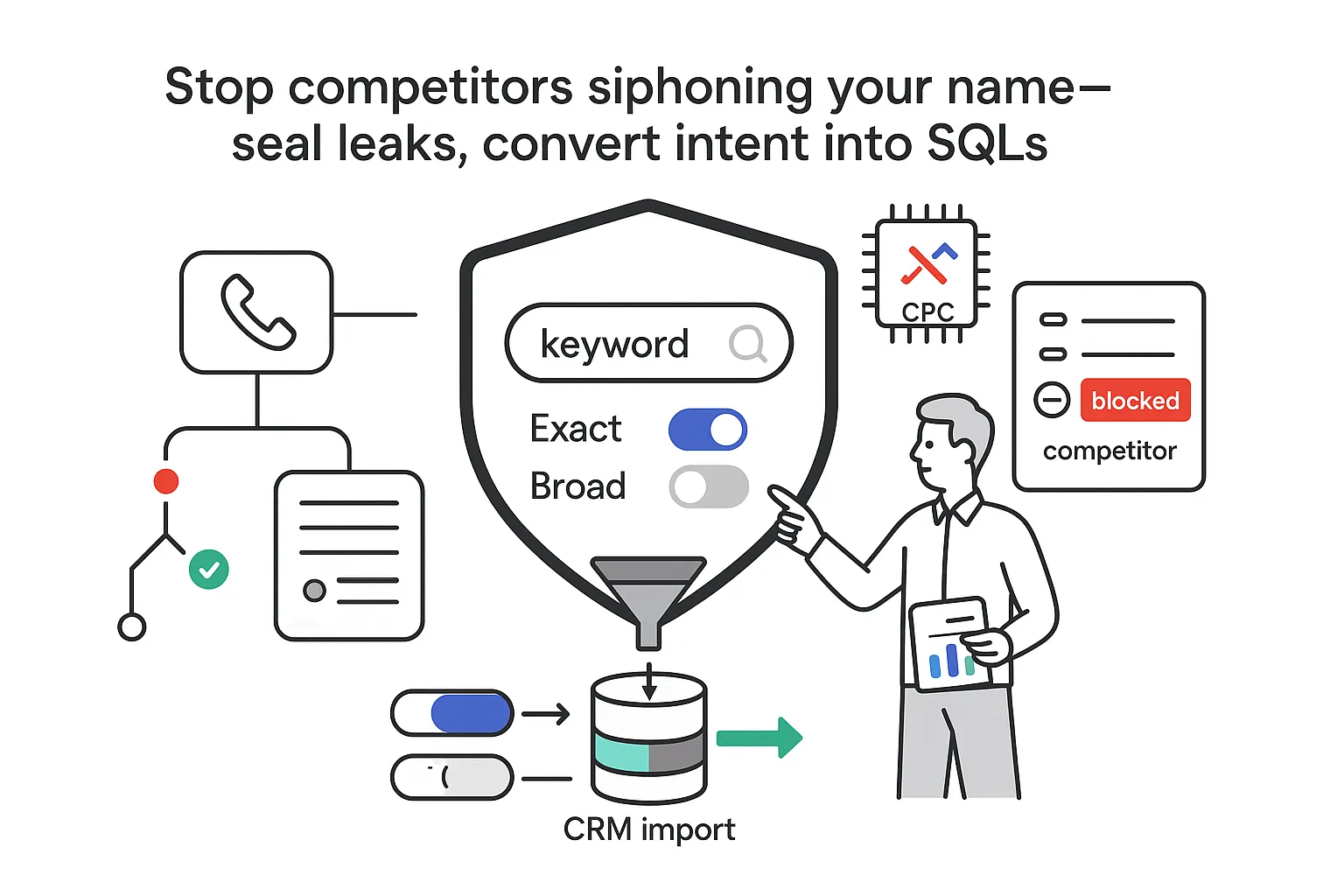 Minimalist tech illustration showing brand protection symbols with toggles funnels CRM and review character