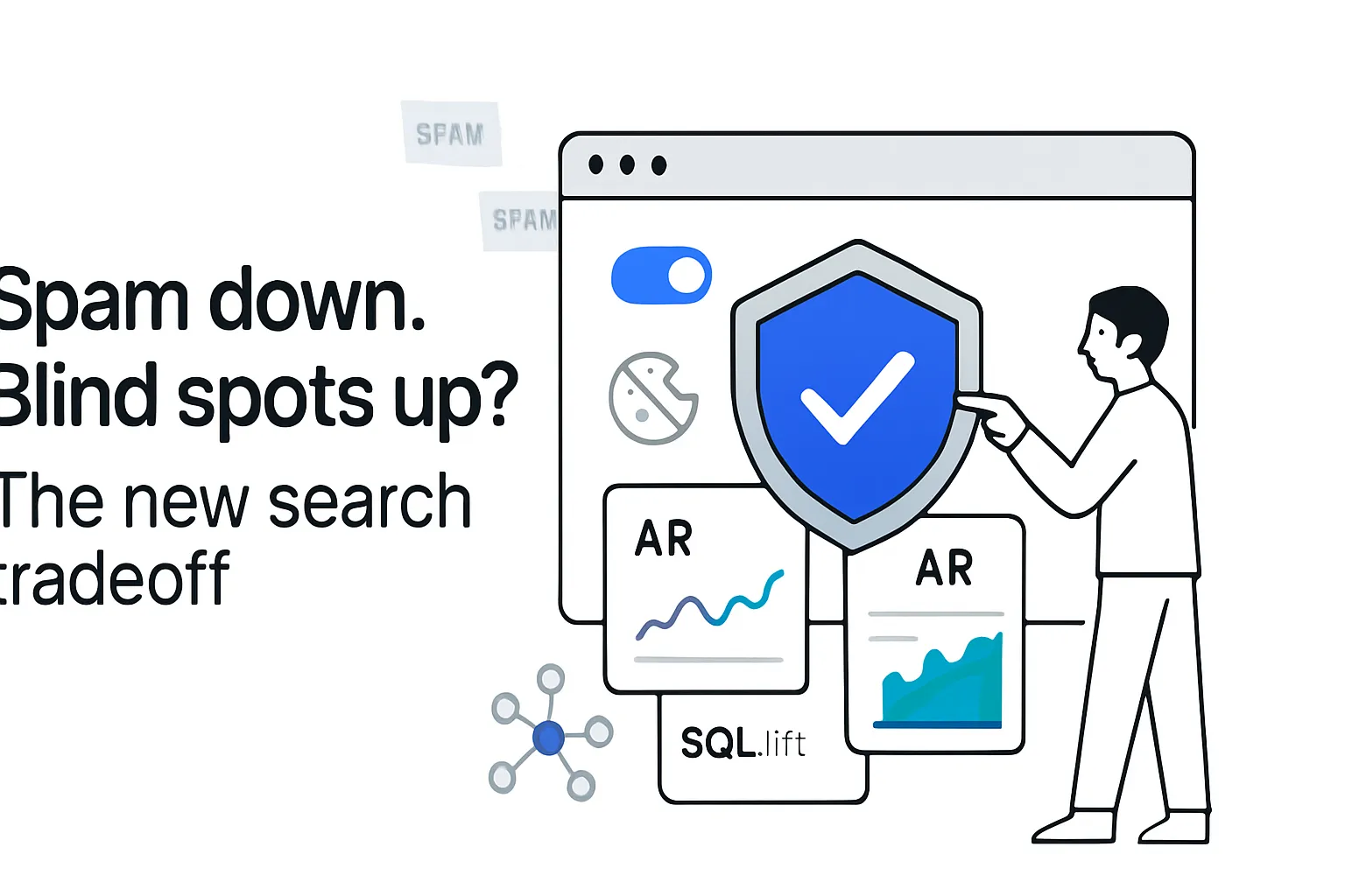 Minimalist browser illustration privacy shield consent toggle on AR report PA audience SQL lift